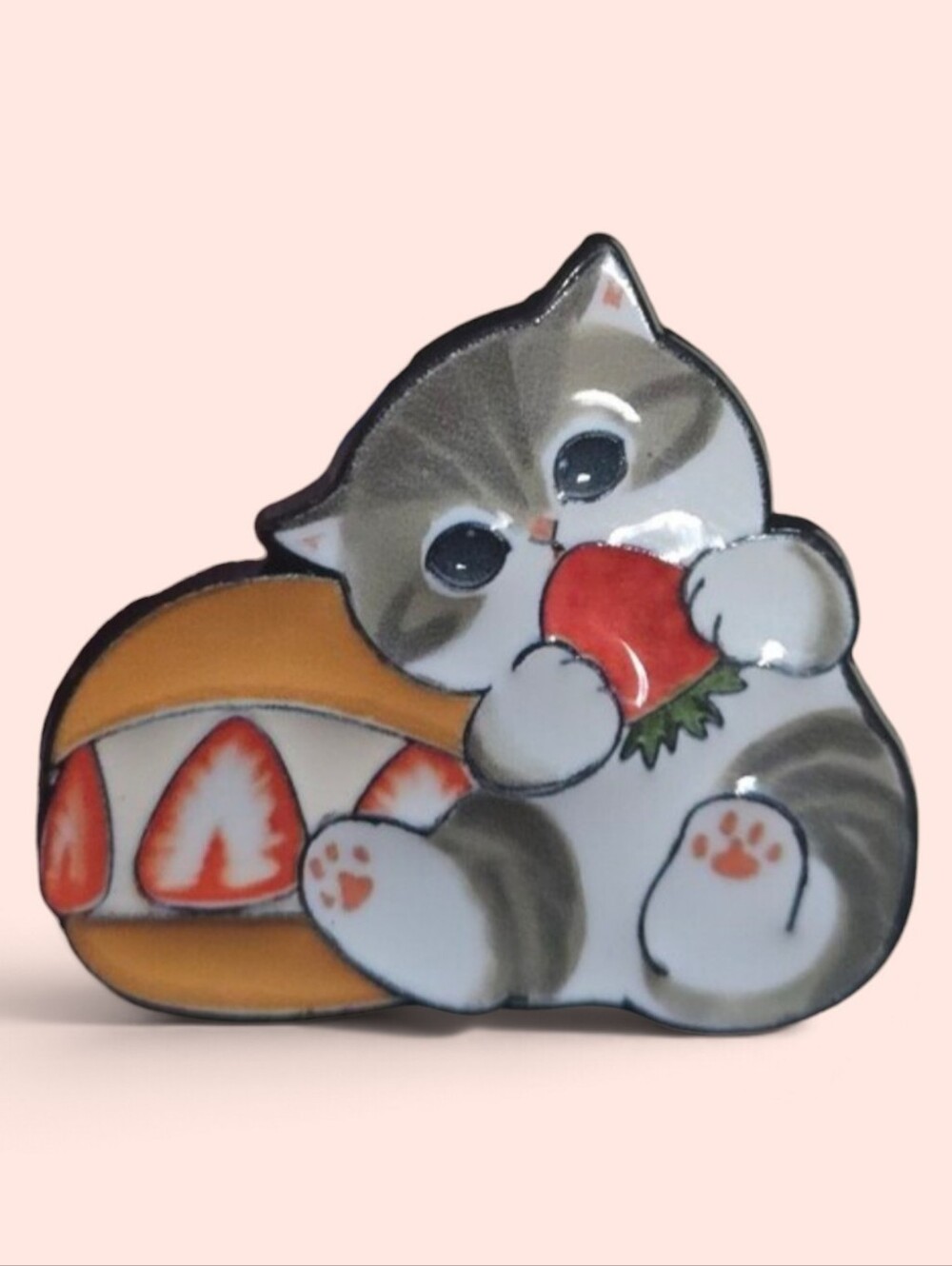 Cute Gray & White Cat Enamel Pin - Strawberry Snack Design